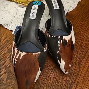NWT Real Cow Print Fur Women’s 8 Mule Kitten Heels